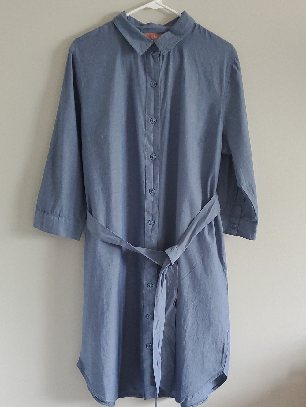 Iyla Light Blue Chambray Button-Up Cotton Shirt Dress Sz L Casual 3/4 Sleeve